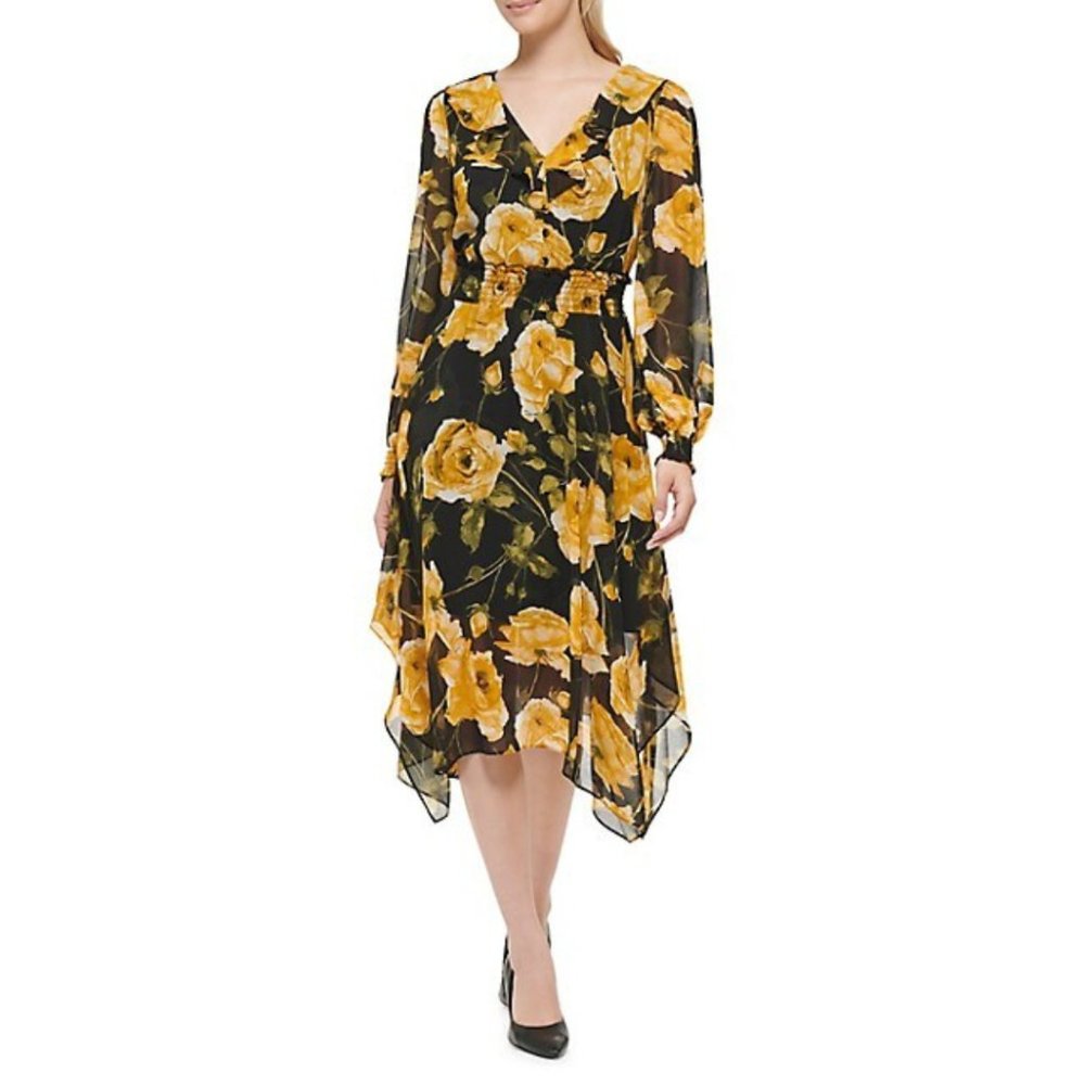 Karl Lagerfeld Asymmetrical Black and Yellow Wrap Dress